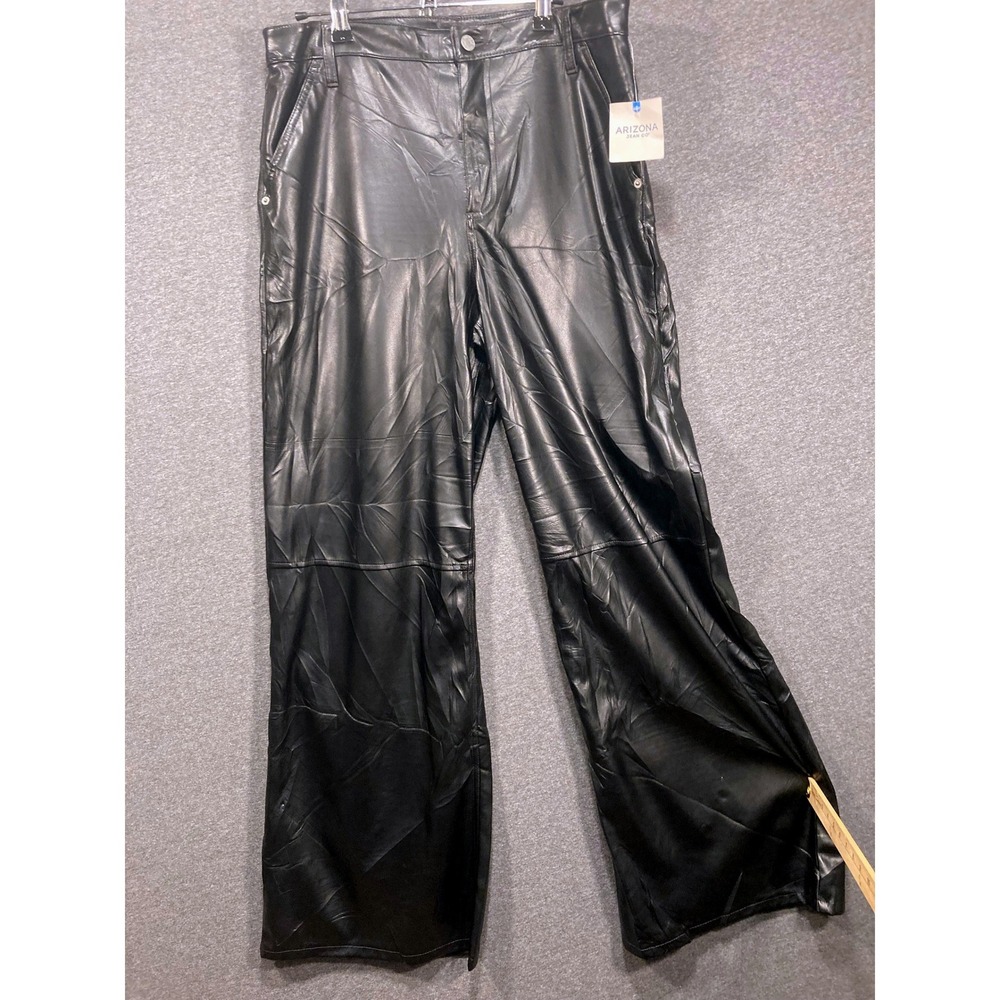 Arizona Jean Co Womens Black Faux Leather Wide Leg Pants Size 13 High Rise Sleek